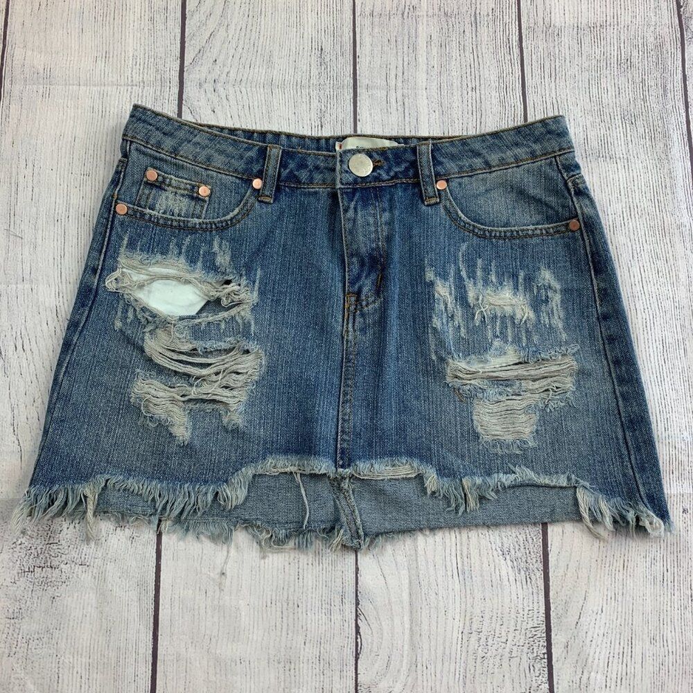Signature Eight Jean Skirt sz L Denim 11" Length Destroyed Distressed New NWT